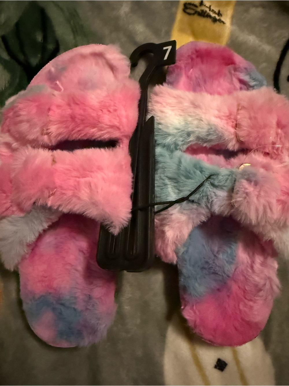 No Boundaries Pink & Blue Tie-Dye Faux Fur Slide Slippers